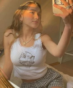 Trendy & Unique Cute Style Lace Edge Scoop Neck Rib Crop Tank Top - White