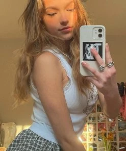 Trendy & Unique Cute Style Lace Edge Scoop Neck Rib Crop Tank Top - White