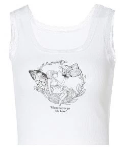 Trendy & Unique Cute Style Lace Edge Scoop Neck Rib Crop Tank Top - White