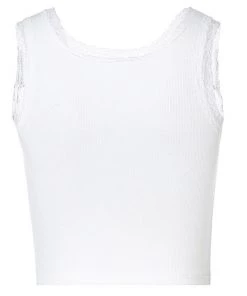 Trendy & Unique Cute Style Lace Edge Scoop Neck Rib Crop Tank Top - White