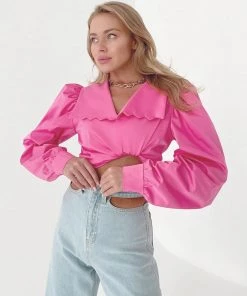 Trendy & Unique Cute Style Peter Pan Collar V Neck Puff Sleeve Blouse - Pink