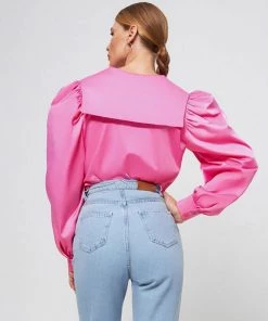 Trendy & Unique Cute Style Peter Pan Collar V Neck Puff Sleeve Blouse - Pink