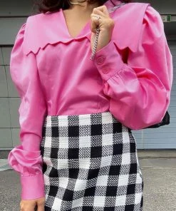 Trendy & Unique Cute Style Peter Pan Collar V Neck Puff Sleeve Blouse - Pink