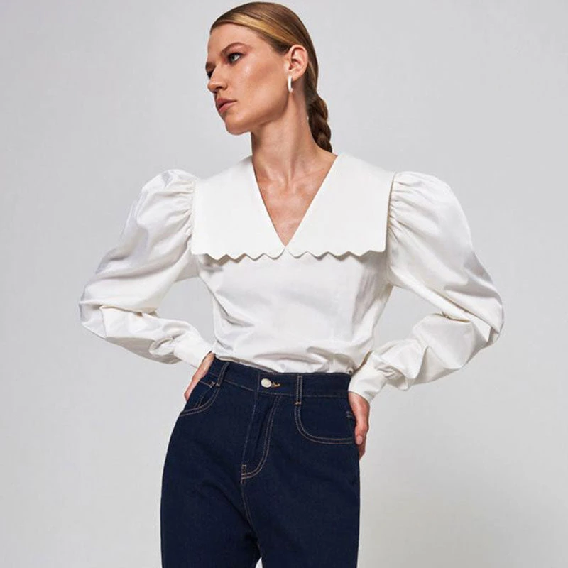 Trendy & Unique Cute Style Peter Pan Collar V Neck Puff Sleeve Blouse - White What's New 4 Trendy & Unique Cute Style Peter Pan Collar V Neck Puff Sleeve Blouse - White What's New