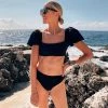 Trendy & Unique Cute Style Puff Sleeve Self Tied High Waist Crop Bikini Set - Black What's New