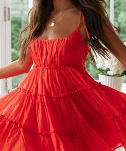 Trendy & Unique What's New Cute Style Scoop Neck Summer Ruffle Babydoll Mini Sundress - Red