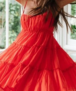Trendy & Unique What's New Cute Style Scoop Neck Summer Ruffle Babydoll Mini Sundress - Red