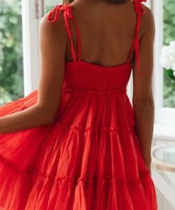 Trendy & Unique What's New Cute Style Scoop Neck Summer Ruffle Babydoll Mini Sundress - Red