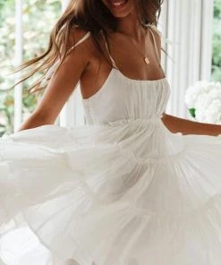 Trendy & Unique What's New Cute Style Scoop Neck Summer Ruffle Babydoll Mini Sundress - White