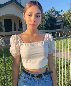 Trendy & Unique Cute Style Square Neck Puff Sleeve Crop T-Shirt - White
