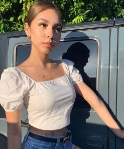 Trendy & Unique Cute Style Square Neck Puff Sleeve Crop T-Shirt - White