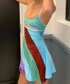 Trendy & Unique Cute Style Tie Dye Scoop Neck Cut Out Mini Sundress - Multicolor