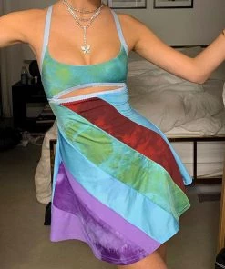 Trendy & Unique Cute Style Tie Dye Scoop Neck Cut Out Mini Sundress - Multicolor