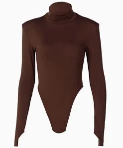 Trendy & Unique What's New Cutout Back Long Sleeve High Cut Turtleneck Bodysuit - Coffee