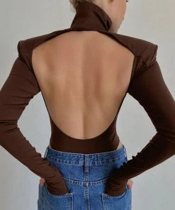 Trendy & Unique What's New Cutout Back Long Sleeve High Cut Turtleneck Bodysuit - Coffee