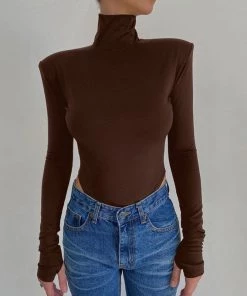 Trendy & Unique What's New Cutout Back Long Sleeve High Cut Turtleneck Bodysuit - Coffee
