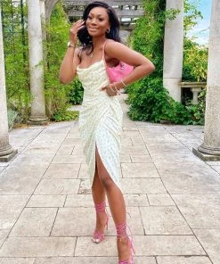 Trendy & Unique What's New Daisy Printed Cowl Neck Side Slit Ruched Slip Midi Dress - Yellow