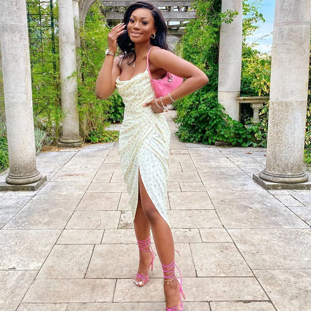 Trendy & Unique What's New Daisy Printed Cowl Neck Side Slit Ruched Slip Midi Dress - Yellow 4 Trendy & Unique What's New Daisy Printed Cowl Neck Side Slit Ruched Slip Midi Dress - Yellow