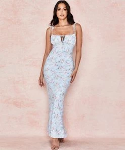 Trendy & Unique Daisy Printed Floss Strap Tied Bustier Slip Maxi Dress - Blue