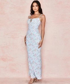 Trendy & Unique Daisy Printed Floss Strap Tied Bustier Slip Maxi Dress - Blue