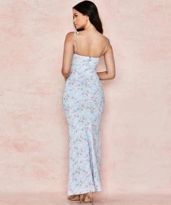 Trendy & Unique Daisy Printed Floss Strap Tied Bustier Slip Maxi Dress - Blue