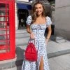 Trendy & Unique Daisy Printed Puff Sleeve High Slit Smock Maxi Sundress - Blue