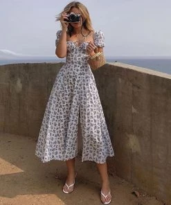 Trendy & Unique Daisy Printed Puff Sleeve High Slit Smock Maxi Sundress - Blue