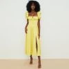 Trendy & Unique What's New Daisy Printed Puff Sleeve High Slit Smock Maxi Sundress - Dark Yellow