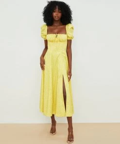 Trendy & Unique What's New Daisy Printed Puff Sleeve High Slit Smock Maxi Sundress - Dark Yellow