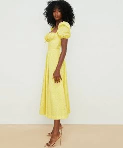 Trendy & Unique What's New Daisy Printed Puff Sleeve High Slit Smock Maxi Sundress - Dark Yellow