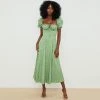 Trendy & Unique Daisy Printed Puff Sleeve High Slit Smock Maxi Sundress - Green What's New