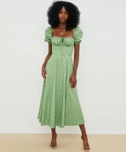 Trendy & Unique Daisy Printed Puff Sleeve High Slit Smock Maxi Sundress - Green What's New