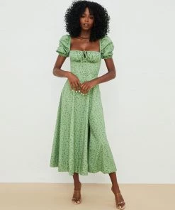Trendy & Unique Daisy Printed Puff Sleeve High Slit Smock Maxi Sundress - Green What's New