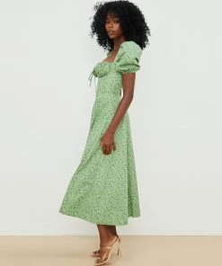 Trendy & Unique Daisy Printed Puff Sleeve High Slit Smock Maxi Sundress - Green What's New