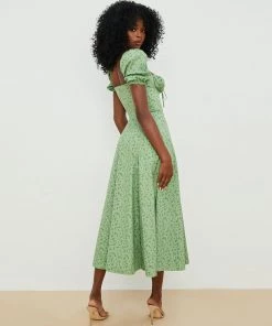Trendy & Unique Daisy Printed Puff Sleeve High Slit Smock Maxi Sundress - Green What's New