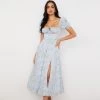 Trendy & Unique What's New Daisy Printed Puff Sleeve High Slit Smock Maxi Sundress - Light Blue
