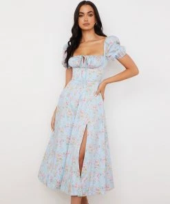 Trendy & Unique What's New Daisy Printed Puff Sleeve High Slit Smock Maxi Sundress - Light Blue