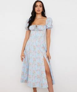 Trendy & Unique What's New Daisy Printed Puff Sleeve High Slit Smock Maxi Sundress - Light Blue