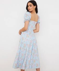 Trendy & Unique What's New Daisy Printed Puff Sleeve High Slit Smock Maxi Sundress - Light Blue