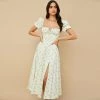 Trendy & Unique Daisy Printed Puff Sleeve High Slit Smock Maxi Sundress - Light Yellow What's New