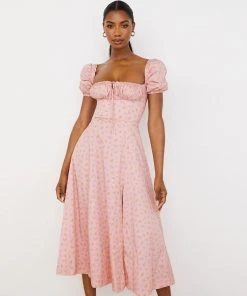 Trendy & Unique Daisy Printed Puff Sleeve High Slit Smock Maxi Sundress - Pink What's New