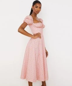 Trendy & Unique Daisy Printed Puff Sleeve High Slit Smock Maxi Sundress - Pink What's New