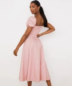 Trendy & Unique Daisy Printed Puff Sleeve High Slit Smock Maxi Sundress - Pink What's New