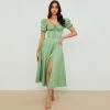Trendy & Unique Daisy Printed Puff Sleeve High Slit Smock Maxi Sundress - Sage Green 1 Trendy & Unique Daisy Printed Puff Sleeve High Slit Smock Maxi Sundress - Sage Green