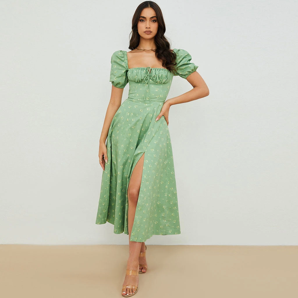 Trendy & Unique Daisy Printed Puff Sleeve High Slit Smock Maxi Sundress - Sage Green 3 Trendy & Unique Daisy Printed Puff Sleeve High Slit Smock Maxi Sundress - Sage Green