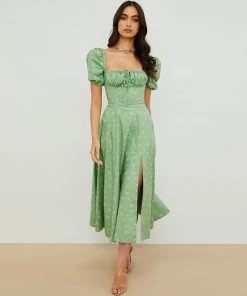 Trendy & Unique Daisy Printed Puff Sleeve High Slit Smock Maxi Sundress - Sage Green