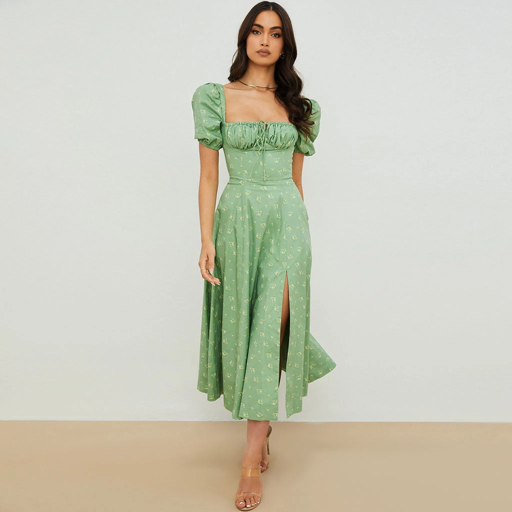 Trendy & Unique Daisy Printed Puff Sleeve High Slit Smock Maxi Sundress - Sage Green 4 Trendy & Unique Daisy Printed Puff Sleeve High Slit Smock Maxi Sundress - Sage Green