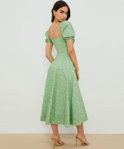 Trendy & Unique Daisy Printed Puff Sleeve High Slit Smock Maxi Sundress - Sage Green 7 Trendy & Unique Daisy Printed Puff Sleeve High Slit Smock Maxi Sundress - Sage Green