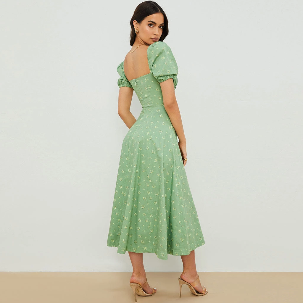 Trendy & Unique Daisy Printed Puff Sleeve High Slit Smock Maxi Sundress - Sage Green 5 Trendy & Unique Daisy Printed Puff Sleeve High Slit Smock Maxi Sundress - Sage Green