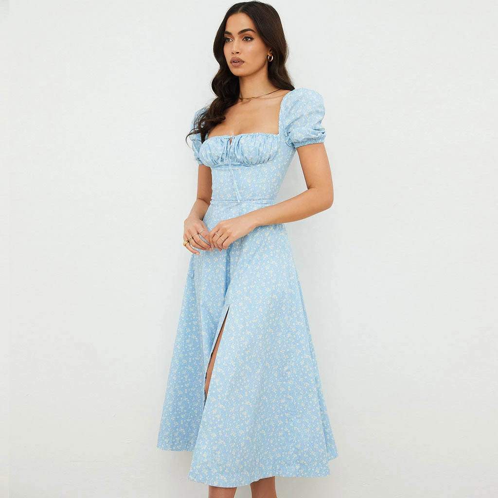 Trendy & Unique Daisy Printed Puff Sleeve High Slit Smock Maxi Sundress - Sky Blue 4 Trendy & Unique Daisy Printed Puff Sleeve High Slit Smock Maxi Sundress - Sky Blue